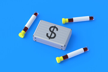 Investment in the medical industry. Development of new drugs. Corruption in the healthcare system. Funding for a scientific laboratory. Medical insurance. Money briefcase and test-tube. 3d render