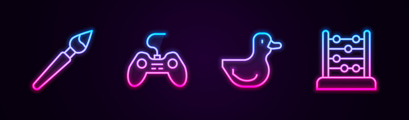 Set line Paint brush, Gamepad, Rubber duck and Abacus. Glowing neon icon. Vector