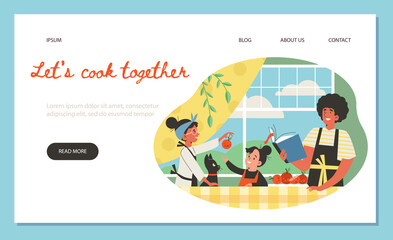Family in the kitchen cooking food, happy parents with their children - web banner template, flat vector illustration.