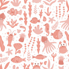 Childish seamless pattern with cute ocean animals - fish, crabs, squid, crayfish, octopus and shrimp. Hand drawn seaweeds and sea plants on white background. Coral reef vector illustration.