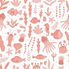 Tuinposter Childish seamless pattern with cute ocean animals - fish, crabs, squid, crayfish, octopus and shrimp. Hand drawn seaweeds and sea plants on white background. Coral reef vector illustration. © Kristina