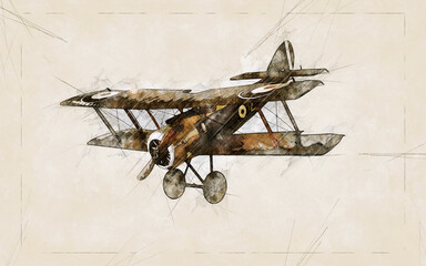 Illustration Sketch of a old airplane flying - obrazy, fototapety, plakaty