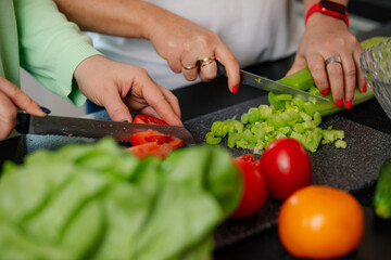 Two woman cook healthy dinner fresh vegateble at light kitchen. Female hands cut tomato and cucumber at chopping board.
