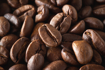 Close up of Roasted Coffee bean with selective focus