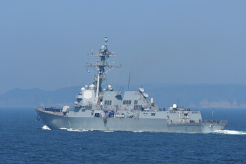 United States Navy destroyer USS Stockdale sailing in Tokyo Bay.