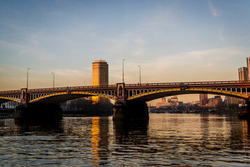 View of Vauxhall Bridge over the River Thames and famous Millbank Tower beyond, London, England, UK