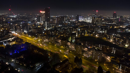 Fototapeta na wymiar Birmingham UK aerial view at night with misty sky