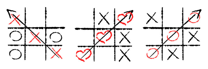 The game tic-tac-toe and tic-tac-toe hearts. A set of elements of a children's game