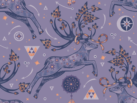 Animal seamless pattern. Deer in fantasy garden.  Trees, dream catcher, symbols, signs.