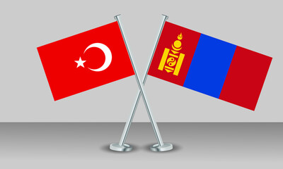 Crossed flags of Türkiye (Turkey) and Mongolia. Official colors. Correct proportion. Banner design