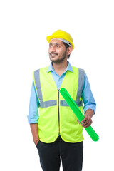 Young architect man with helmet and holding blueprints in hand. on white background.