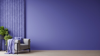 Horizontal space with bright mockup empty wall. Very peri lavender paint color. Living room - modern design interior home. 3d render