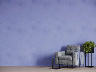 Photo sur Plexiglas Pantone 2022 very peri Chambre avec un fauteuil gris et des murs lavande. Salon pour l& 39 art et le mobilier. Accent très péri couleur de fond. rendu 3D