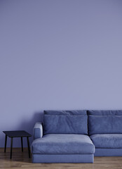 Living room in trendy color 2022 - Very Peri. Bright lavender sofa and empty wall mockup for art or picture. 3d rendering