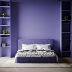 Luxurious master  bedroom in very peri color 2022. Shelving and a bright lavender lilac bed in the center. Empty wall blank for art. 3d rendering