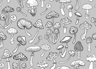 Magic mushrooms seamless pattern. Psychedelic hallucination. 60s hippie colorful art. Vintage psychedelic textile, fabric, wrapping, wallpaper. Vector repeating illustration.