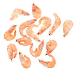 Unpeeled frozen shrimp on a white background