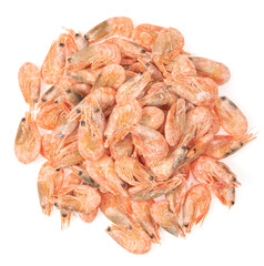 Unpeeled frozen shrimp on a white background