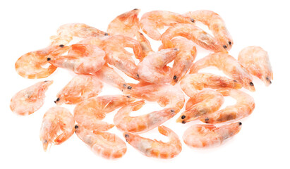 Unpeeled frozen shrimp on a white background