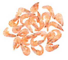 Unpeeled frozen shrimp on a white background