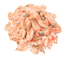 Unpeeled frozen shrimp on a white background