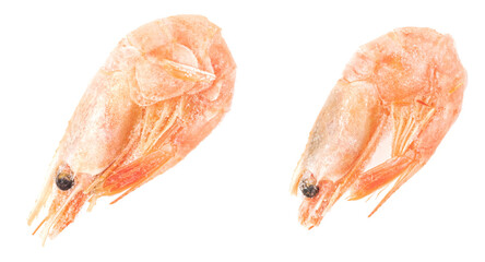 Unpeeled frozen shrimp on a white background. close-up