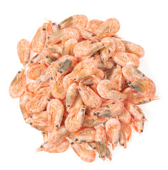 Unpeeled frozen shrimp on a white background