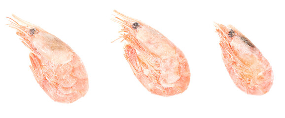 Unpeeled frozen shrimp on a white background. close-up