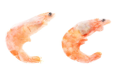 Unpeeled frozen shrimp on a white background. close-up