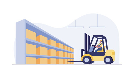Warehouse worker in uniform drive a forklift with boxes.