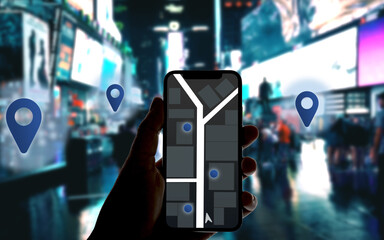smartphone with fictitious map app in a big city with the locations displayed in augmented reality, PoI, Points of Interest