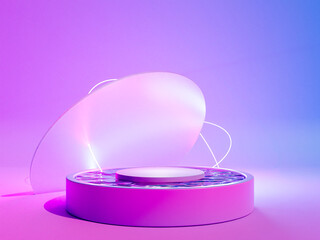 3d render of futuristic neon podium with glass circles and neon light lines. Glassmorphism and metaverse concept 