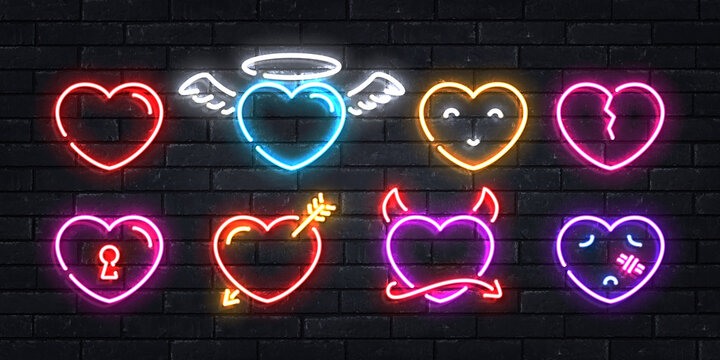 Vector set of realistic isolated neon sign of Heart logo for template decoration and layout covering on the wall background. Concept of Happy Valentines Day.