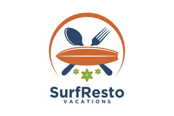 Sun, Fork, and Surf Board for Beach Restaurant logo design