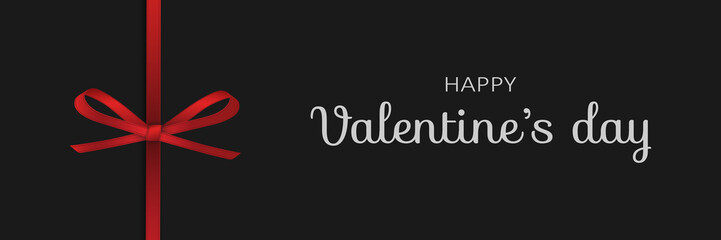Happy Valentines day banner with a red ribbon and a beautiful realistic bow on a black background. Vector illustration
