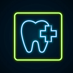 Glowing neon line Dental clinic location icon isolated on black background. Colorful outline concept. Vector