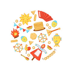 A set of elements of pancake day in the shape of a circle. Vector illustration of icons of the traditional Russian holiday Maslenitsa.