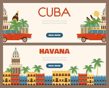 Cuba Havana travel tourism posters or flyers set, flat vector illustration.