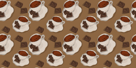Coffee in a white cup and chocolate, seamless pattern. Hand drawn or doodle style. Flat vector illustration