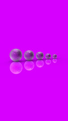 Five balls of metal of different sizes on Magenta Purple background. Growth of something. Progress. Reflection. Vertical image. 3D image. 3D rendering.