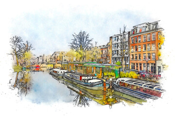 Canals of Amsterdam, watercolor sketch illustration.