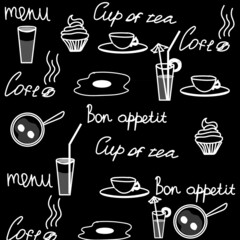 PATTERN WHITE WORDS APPETITE COFFEE MENU A CUP OF TEA IN WHITE LETTERS ON A BLACK BACKGROUND.DRAWINGS WHITE CUP OF TEA EGGS IN A FRYING PAN COFFEE, COCKTAIL WITH A STUFF