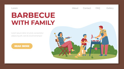 Barbecue with family in summer, landing page template - flat vector illustration.