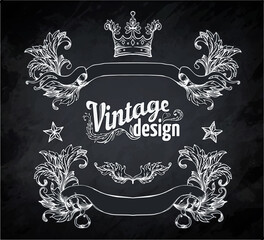 Vintage engraved decorative ornate vector design elements. Chalk illustration over a blackboard