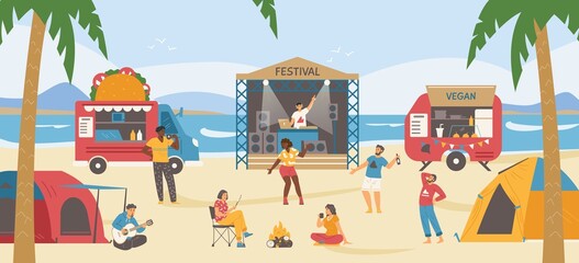 Summer music festival campground with people enjoying music, vector illustration.