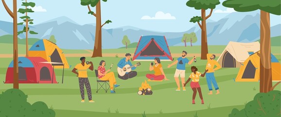 Summer forest campground or campsite with dancing people, vector illustration.
