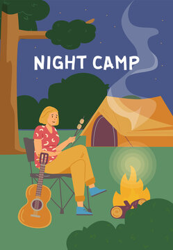 Night camp scene, woman sits in chair by the bonfire and roasts marshmallow, poster or flyer flat vector illustration.