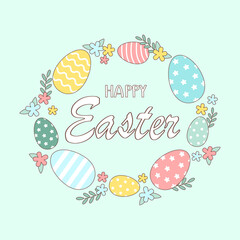 Easter greeting card with Easter eggs and flowers