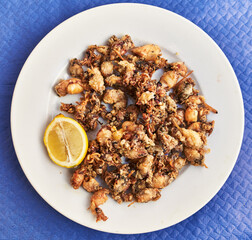  Plate of fried chopitos on paper surface
