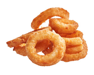  Bunch of fried onion rings over white isolated background
